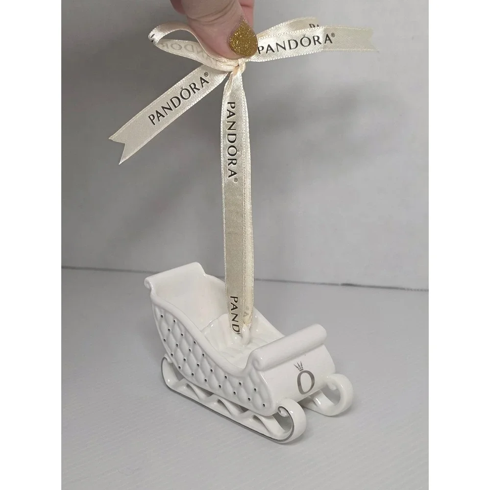 Pandora 2014 White Sleigh Christmas Ornament Porcelain with Ribbon‎ Preowned